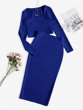 Solid Crop Top & Split Hem Pencil Skirt Set