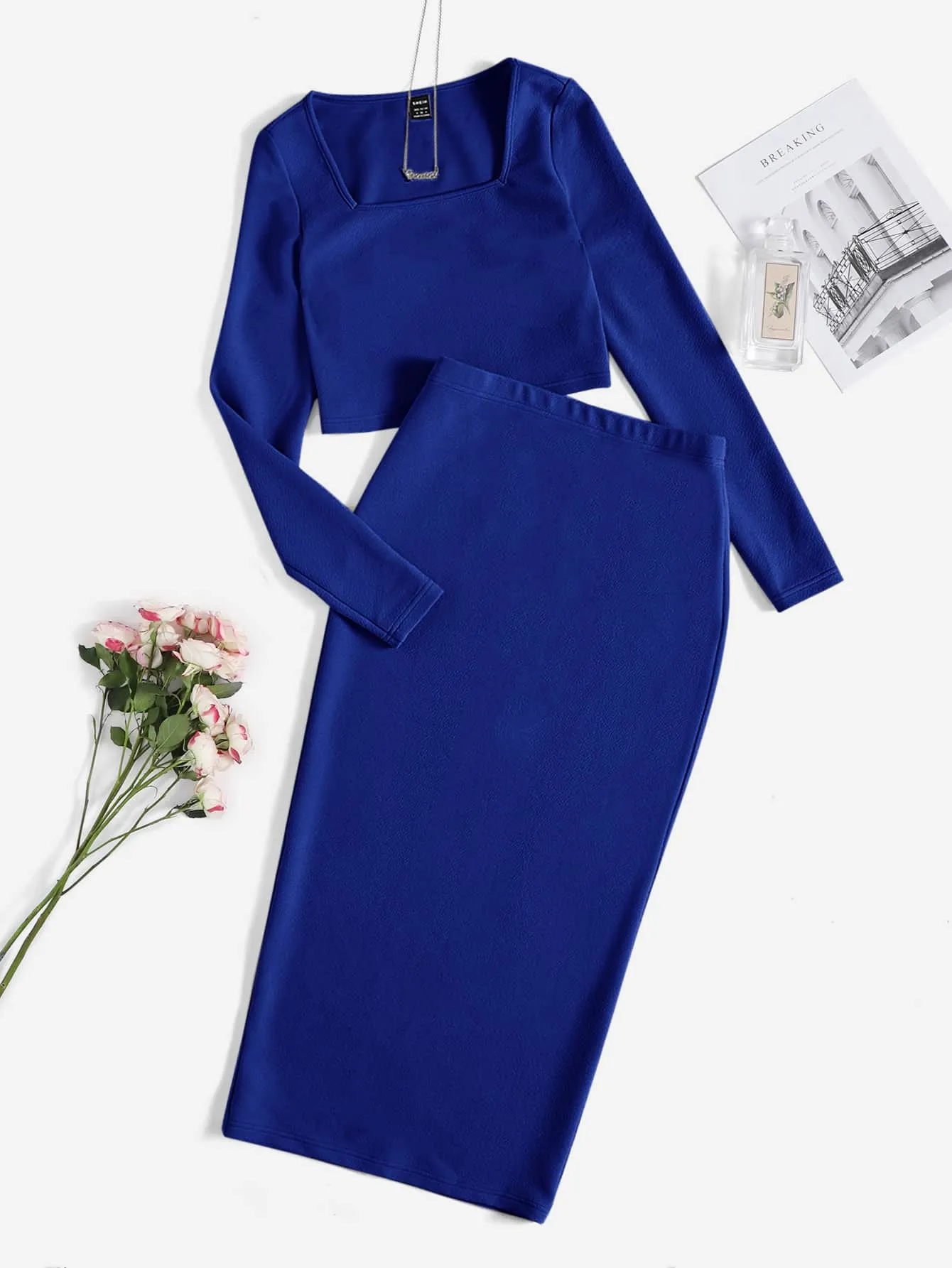 Solid Crop Top & Split Hem Pencil Skirt Set