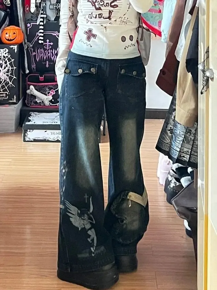 TAVIMART  -  Trendy High Street Hottie Straight Wide Leg Pants Original Washed Printed High Waist Butterfly Pocket Baggy Jeans Women Trousers