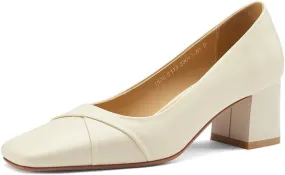 TinaCus Genuine Leather Women's Handmade Mid Chunky Heel Square Toe Elegant Loafer Pumps