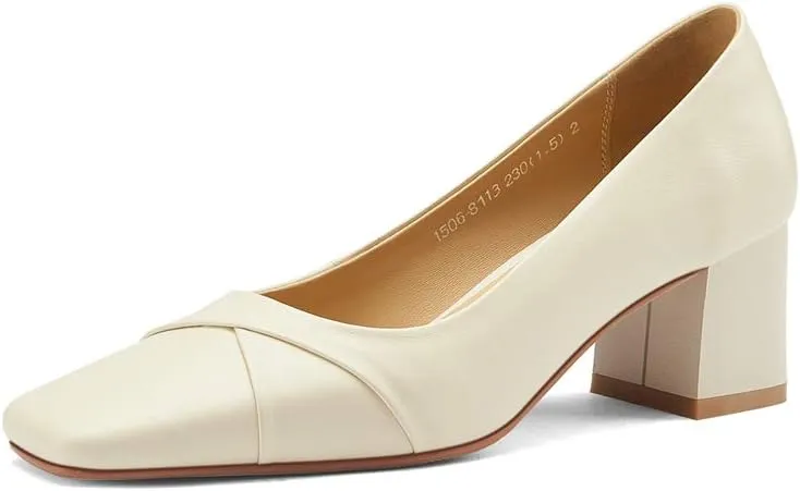 TinaCus Genuine Leather Women's Handmade Mid Chunky Heel Square Toe Elegant Loafer Pumps