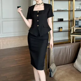 Trend4us Elegant Buttoned Blazer Skirt Set
