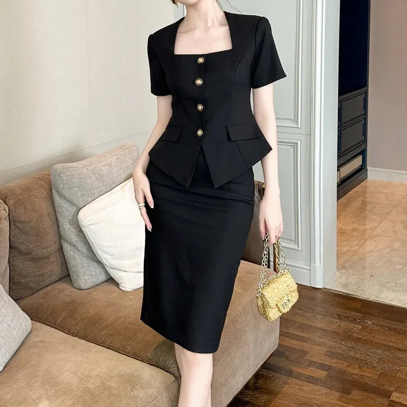Trend4us Elegant Buttoned Blazer Skirt Set