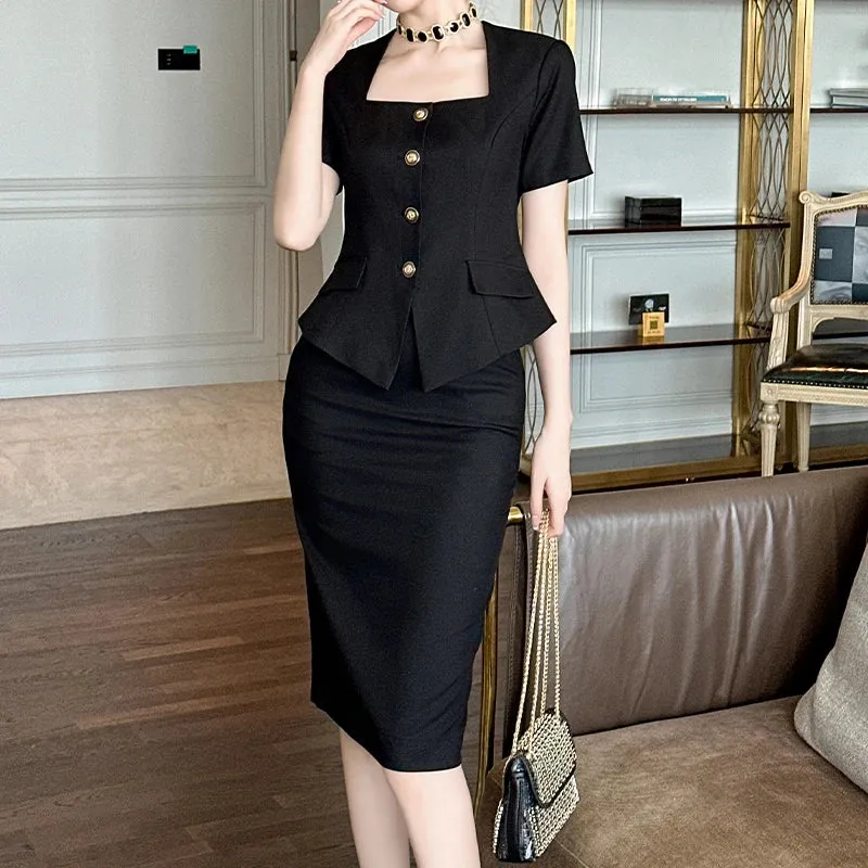 Trend4us Elegant Buttoned Blazer Skirt Set