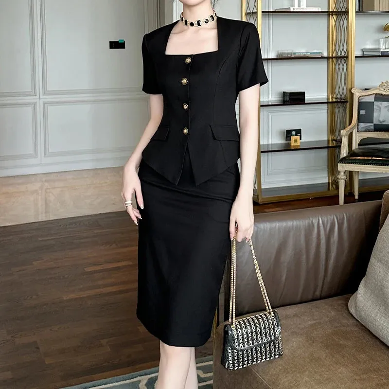 Trend4us Elegant Buttoned Blazer Skirt Set