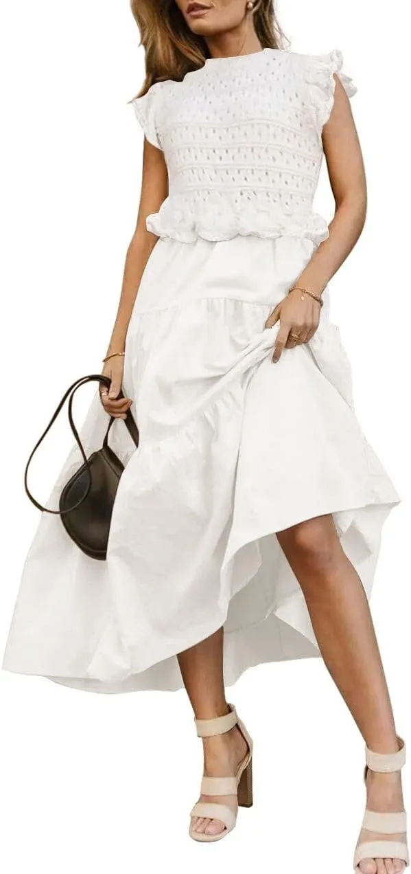 Women’s 2025 Summer Causal Ruffle Sleeve Crochet Knit Tops Long Dress for Ladies Fall Trendy Tiered Dress