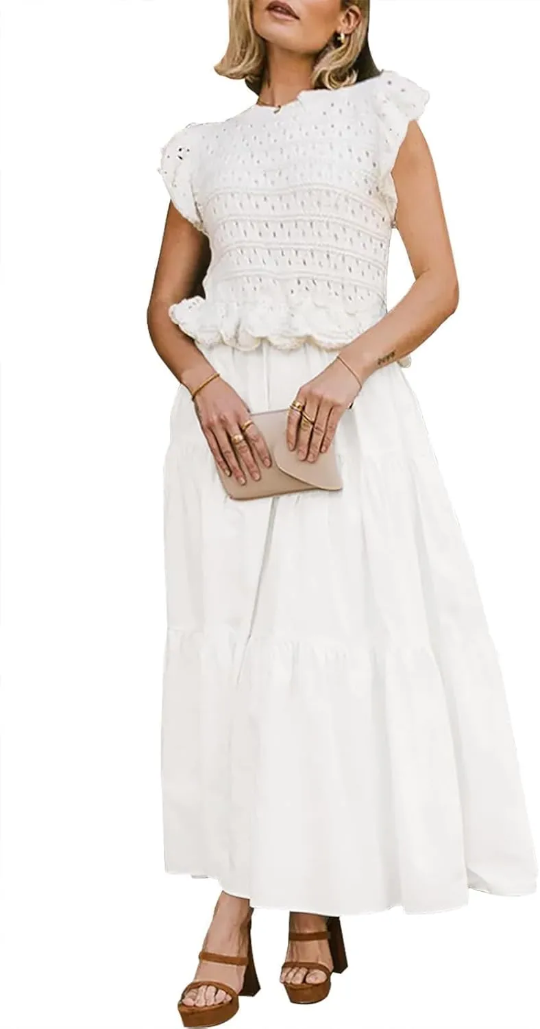 Women’s 2025 Summer Causal Ruffle Sleeve Crochet Knit Tops Long Dress for Ladies Fall Trendy Tiered Dress
