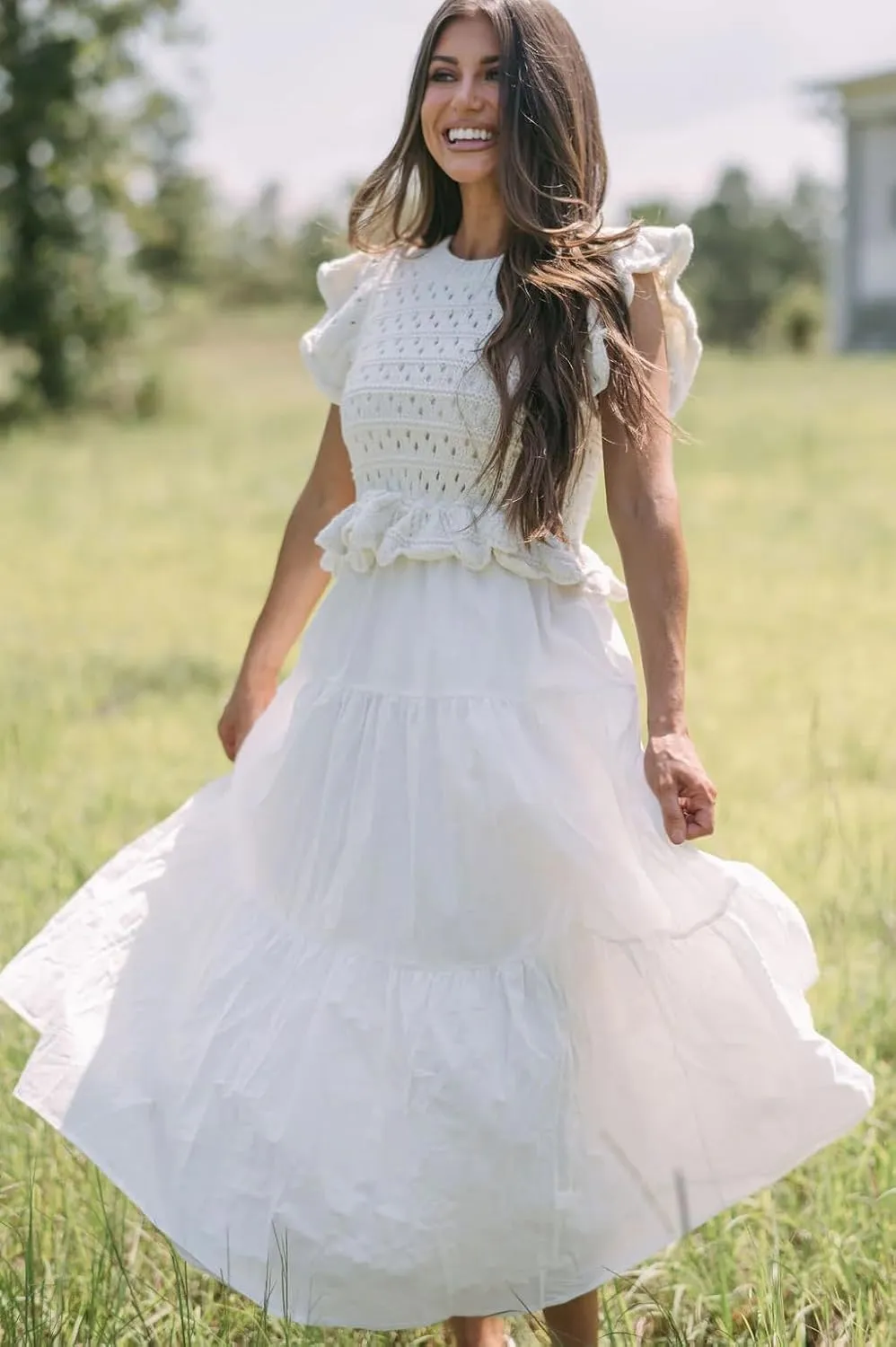Women’s 2025 Summer Causal Ruffle Sleeve Crochet Knit Tops Long Dress for Ladies Fall Trendy Tiered Dress