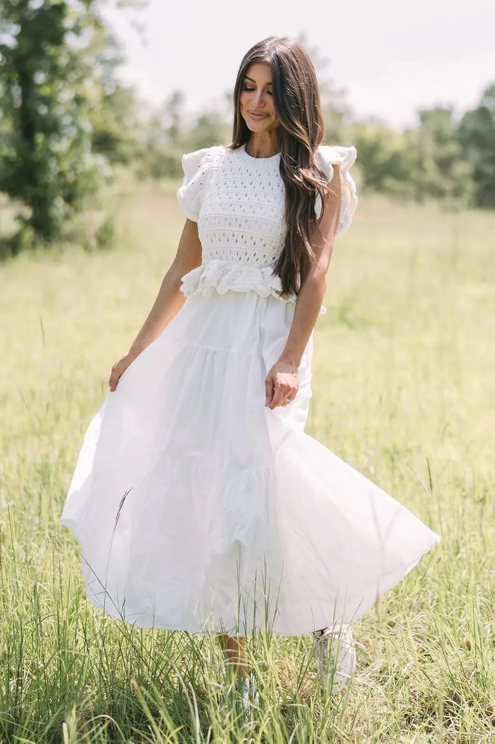 Women’s 2025 Summer Causal Ruffle Sleeve Crochet Knit Tops Long Dress for Ladies Fall Trendy Tiered Dress