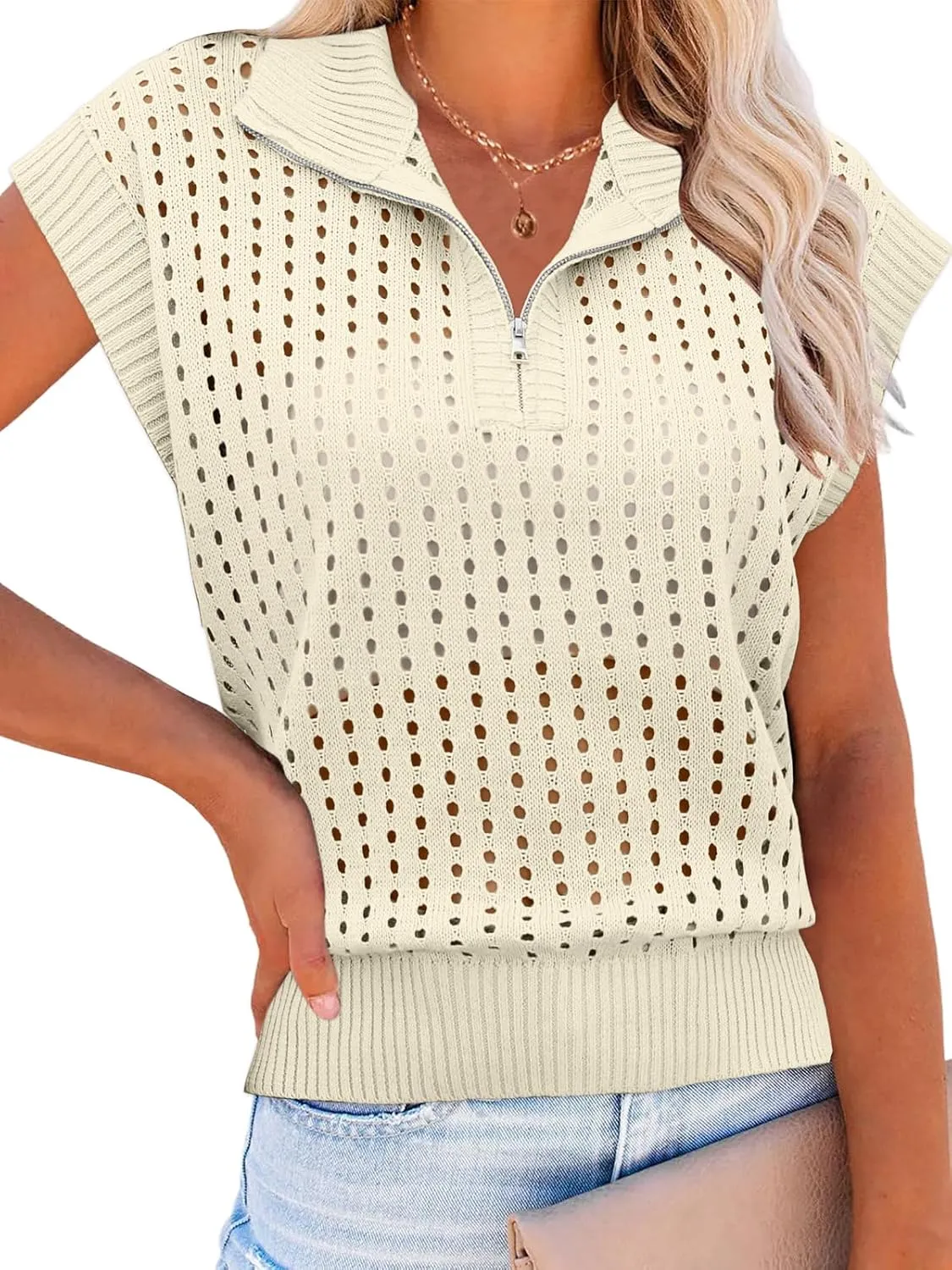 Womens Hollow Out Sweater Vest Summer Casual Quarter Zip Cap Sleeve Crochet Knit Tops