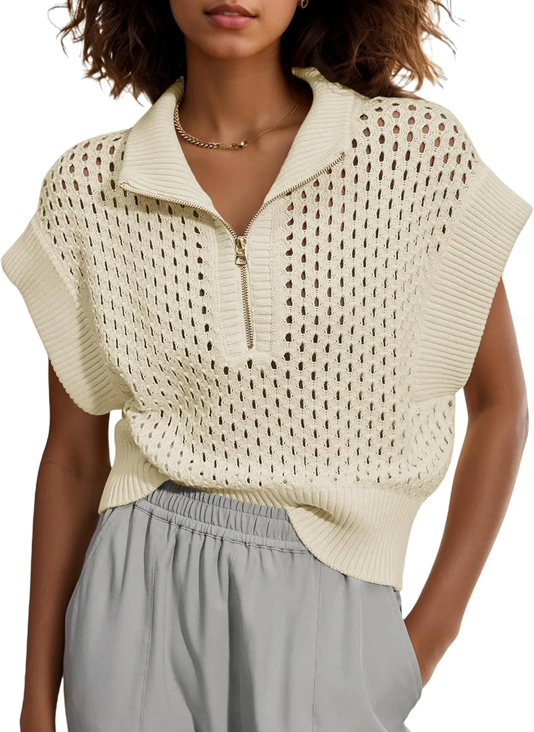 Womens Hollow Out Sweater Vest Summer Casual Quarter Zip Cap Sleeve Crochet Knit Tops