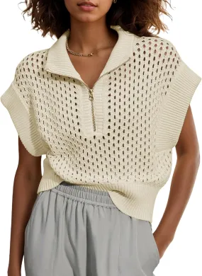 Womens Hollow Out Sweater Vest Summer Casual Quarter Zip Cap Sleeve Crochet Knit Tops
